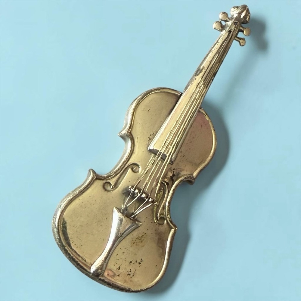 LANG 925 Sterling Silver Antique Art Deco Violin Cello Oxidized Pin Brooch 8g